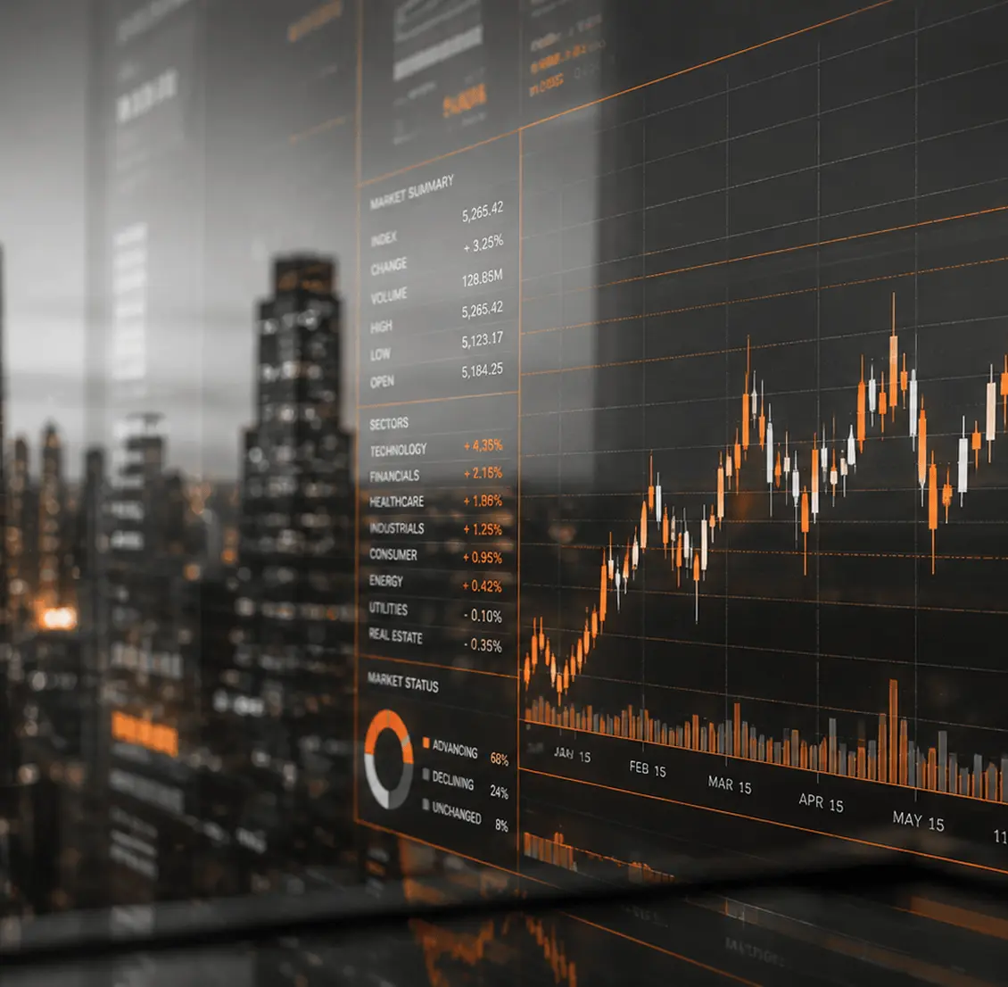 Direct indexing optimization dashboard over a city skyline