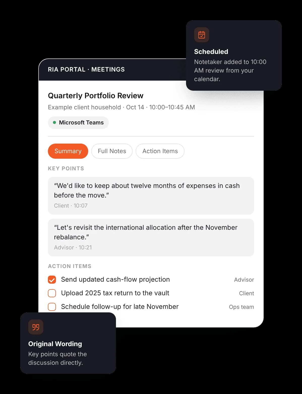 AI Notetaker meeting summary in the RIA portal